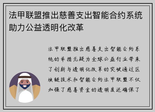 法甲联盟推出慈善支出智能合约系统助力公益透明化改革
