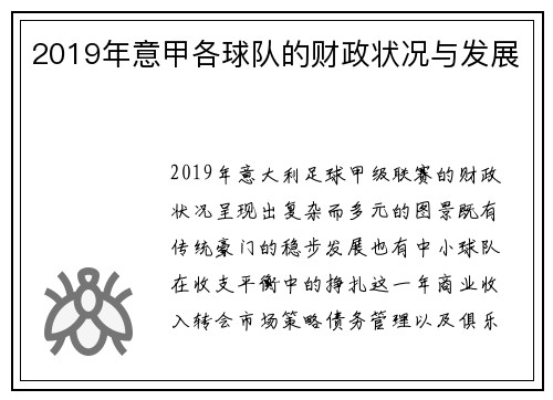 2019年意甲各球队的财政状况与发展